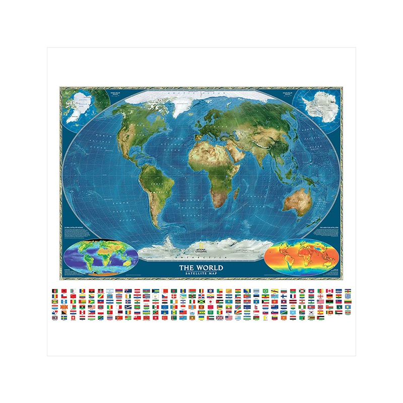 150X150cm Non-woven Spray World Map The World Satellite Map with Country Flag and Surface Temperature