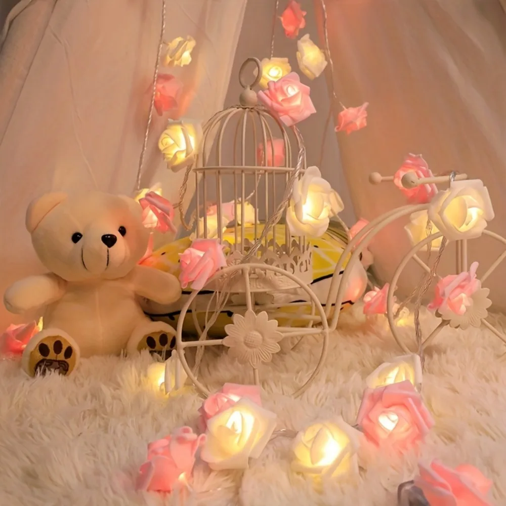 LED String Lights 1pc 2M 10Lights White and Pink Rose For Room Garden Decoration Night Light Without Battery