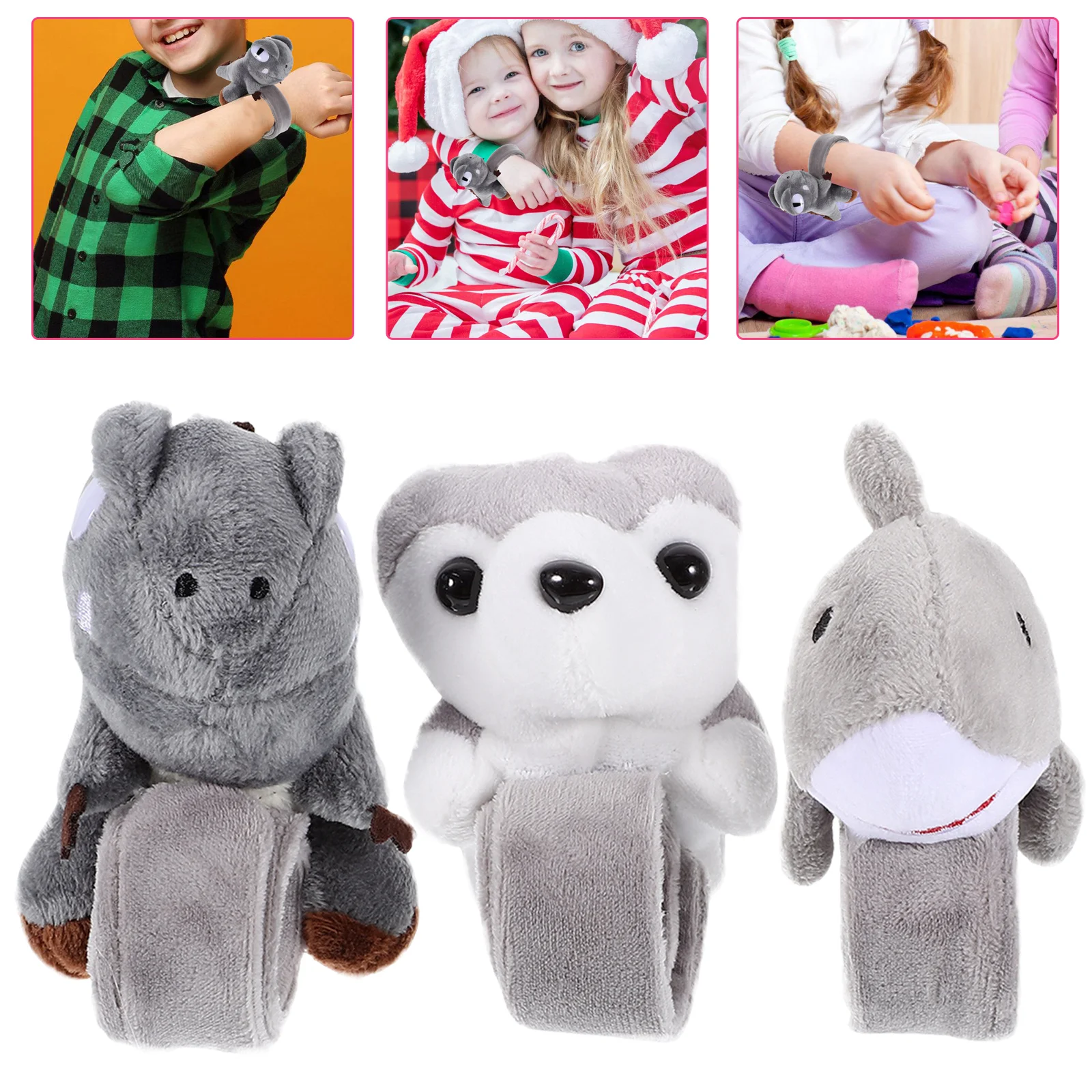 

Plush Slap Bracelets Hug Bracelet Husky Dinosaur Shark Stuffed Animal Snap Toy Kids Birthday Party Favor Grey
