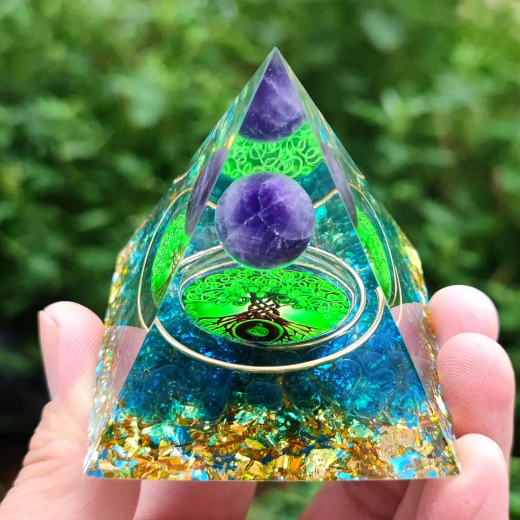 7 Colored Chakra Pyramid Natural Crystal Ball Crushed Stone Tree Of Life Orgonite Pyramid Home Decor Crafts Car Office Ornaments