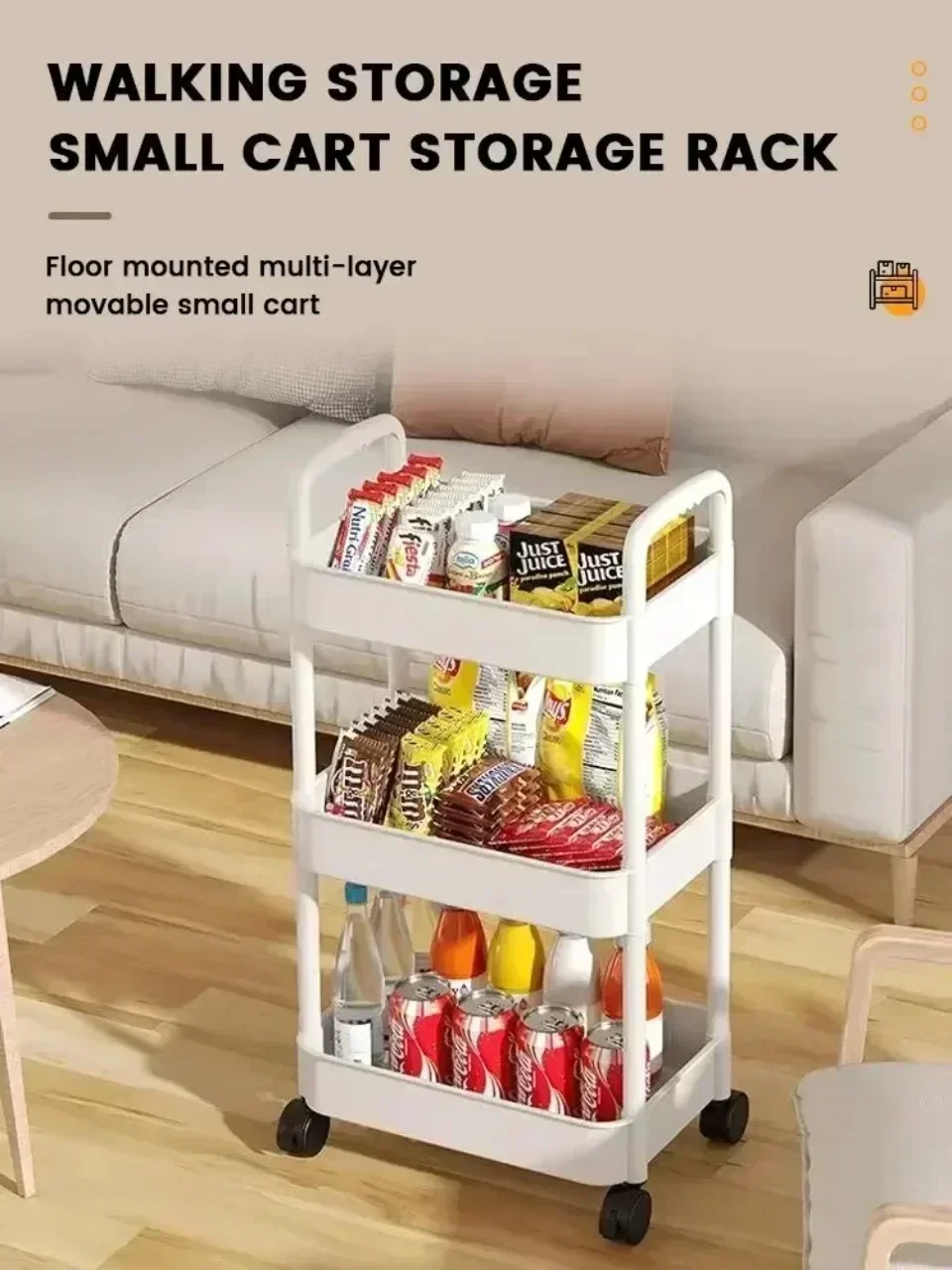 3 Tier Utility Rolling Cart Metal Storage Cart with Handle and Lockable Wheels Storage Organizer Trolley with Mesh Baskets