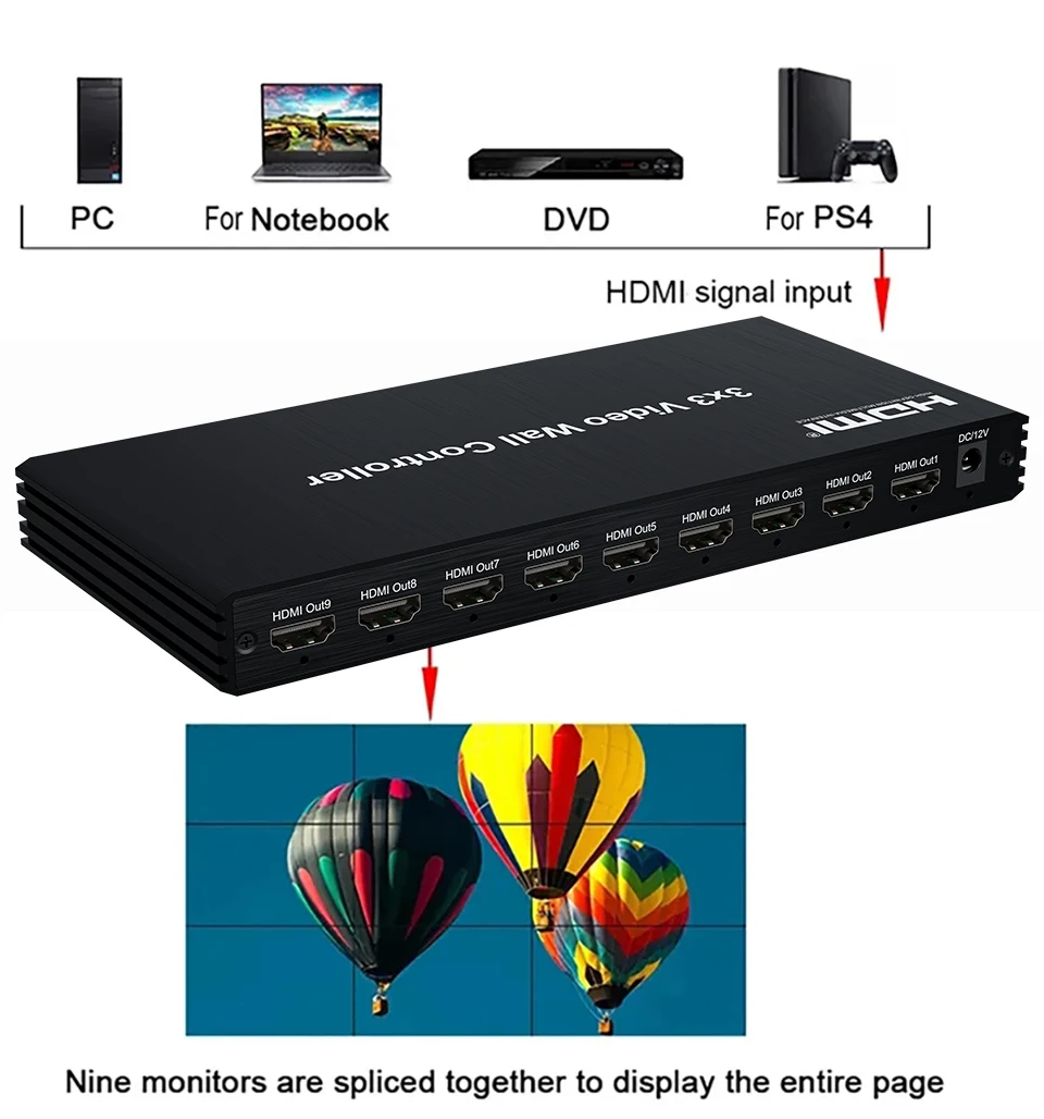 3x3 DVI HDMI 비디오 월 컨트롤러 1080P 2x2 2x3 2x4 1x3 1x4 1x5 TV 월 컨트롤러 9화면 스플라이싱 프로세서 TV 스플라이서 박스