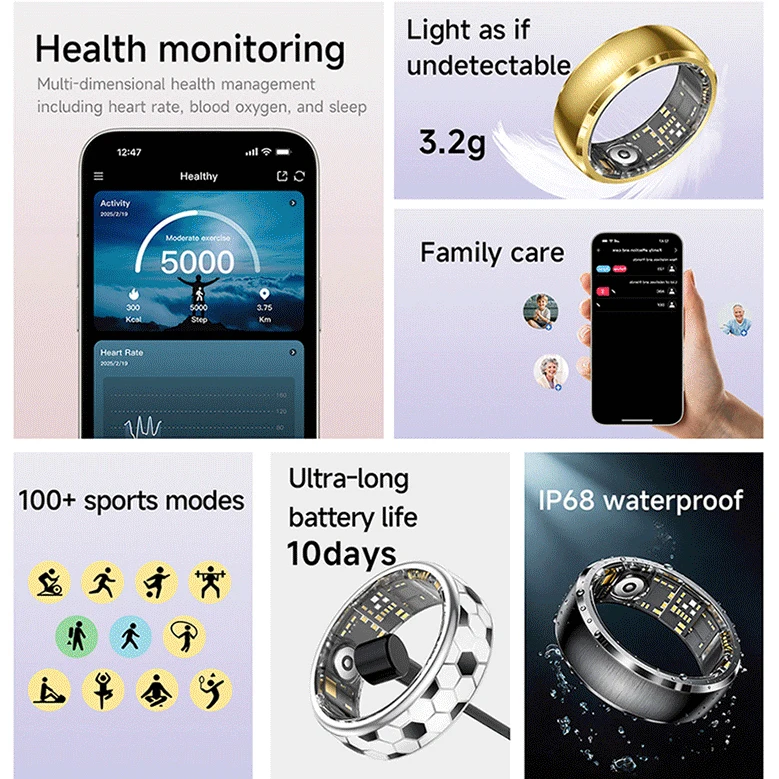 2026 Health Manager Smart Ring Heart Rate Blood Oxygen Stress Stylish Design IP68 Waterproof Multiple Sports Gesture Control 3