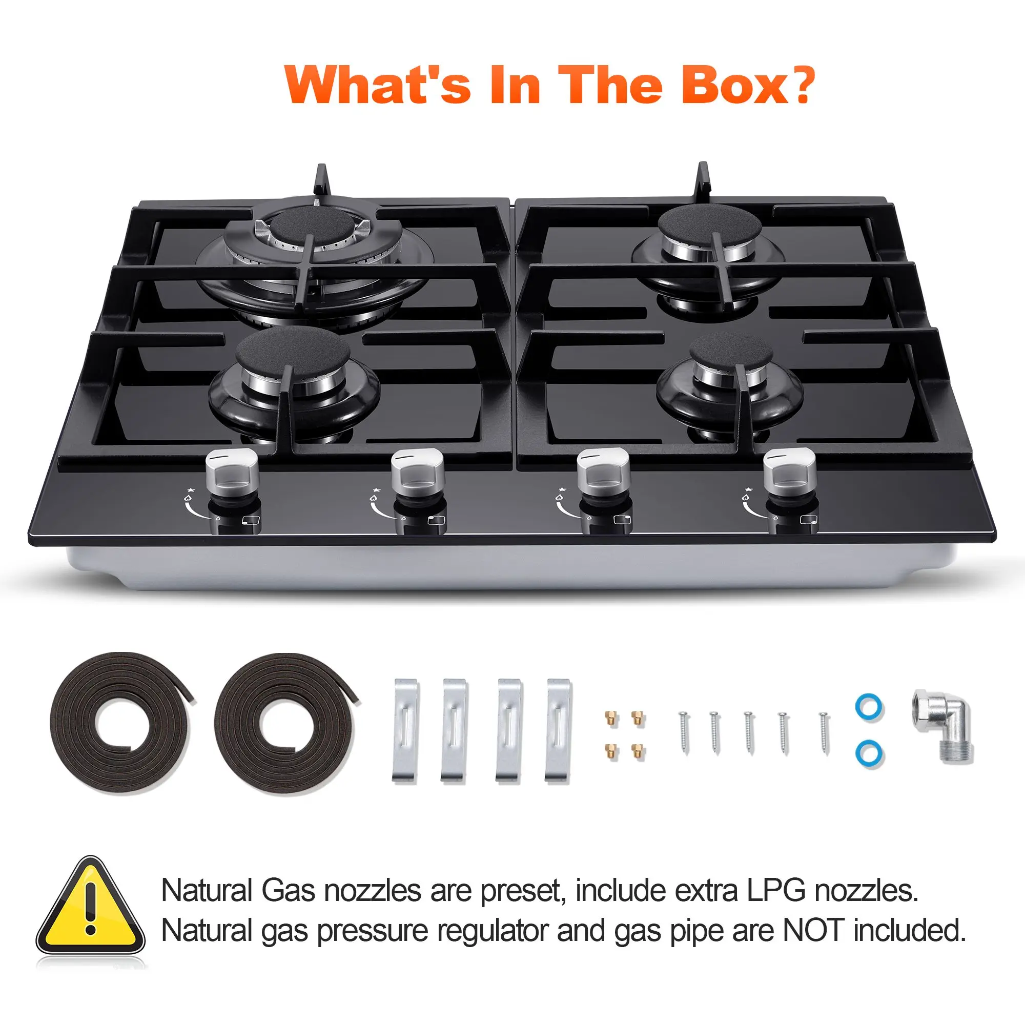Tieasy 24 Inch 4 Burner Built-in Tempered Glass NG/LPG Convertible Thermocouple Protection Child lock Gas Cooktop GH003-244G 5