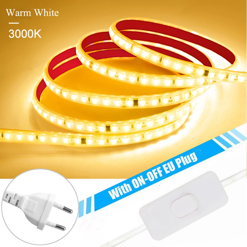 thumbnail image 1 of Tira de luces LED de 120 LED/m, 220 V, flexible y de 10 cm, cortable, con cinta adhesiva 2835, enchufe europeo, para tocador, armario, decoración del hogar, 1 of 5