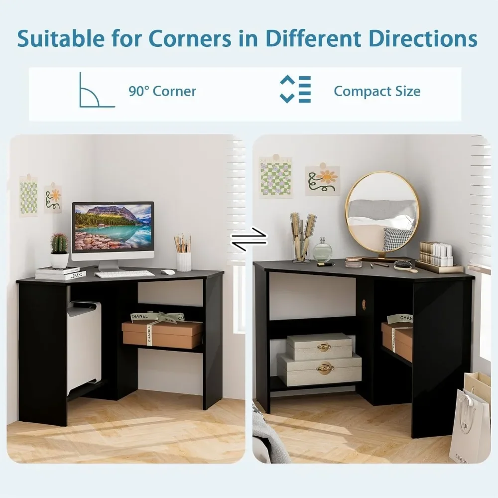 Corner Desk, 90 Degrees Triangle Corner Computer Desk for Small Space, Bedroom Corner Makeup Vanity Desk with Storage S 6