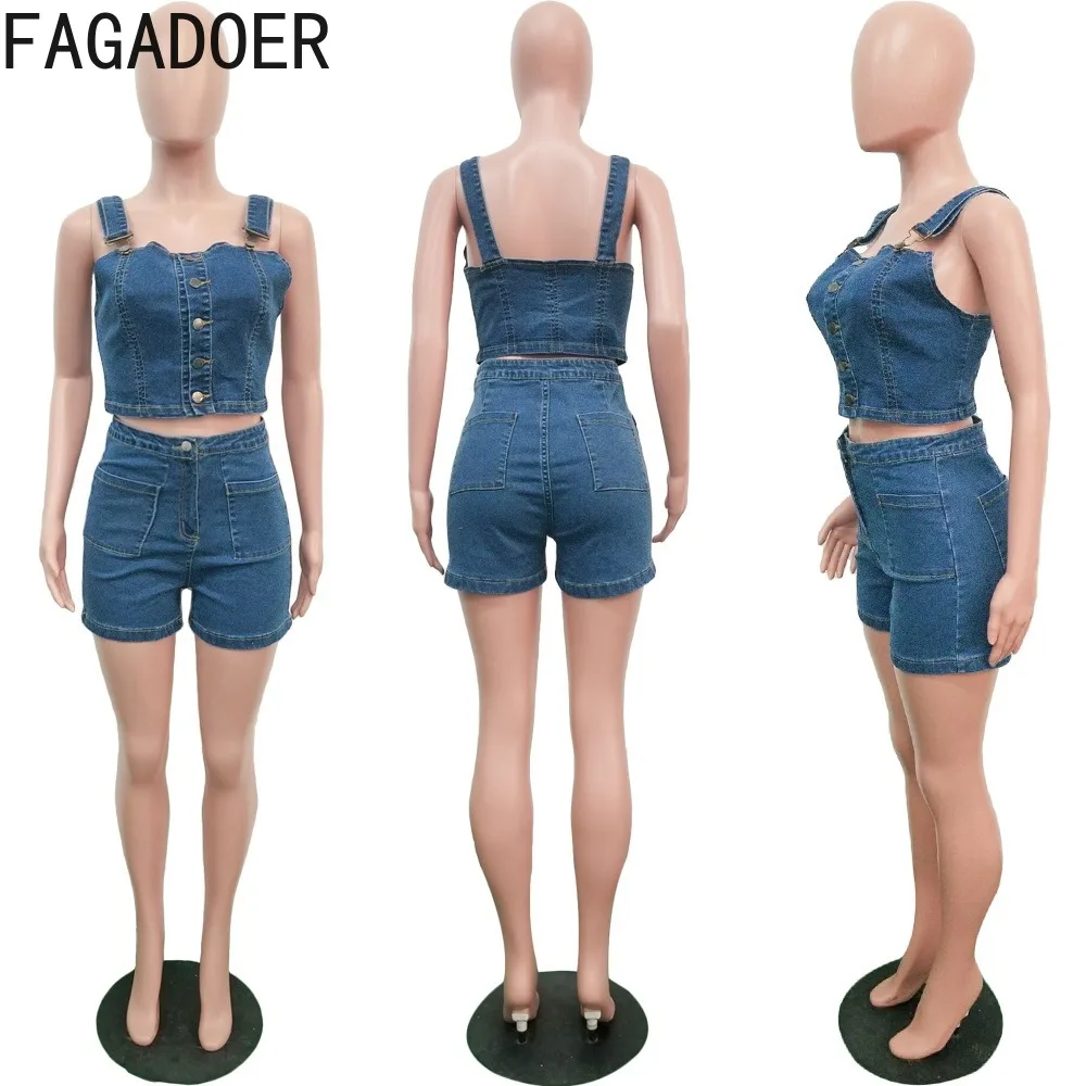 FAGADOER Fashion Streetwear Women Strap Sleeve Crop Top And Denim Shorts Two Piece Sets Female Cowboy Matching 2pcs Outfits 2023