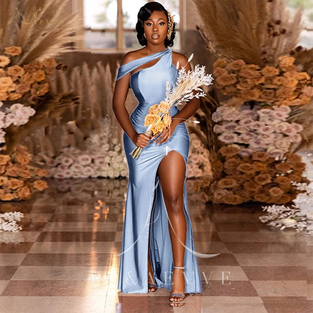 

Blue Satin Bridesmaid Dress Elegant Wedding Ceremony Dress One Shoulder Wedding Party Gown Side Split Bridesmaids Dresses Robe