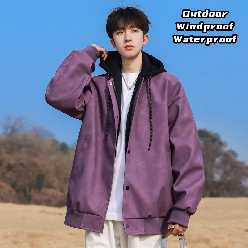 False Two-layer Hooded Jacket Coat Pilot Standing Collar Punching Jacket Casual Boys Waterproof Windproof Warmth Soft