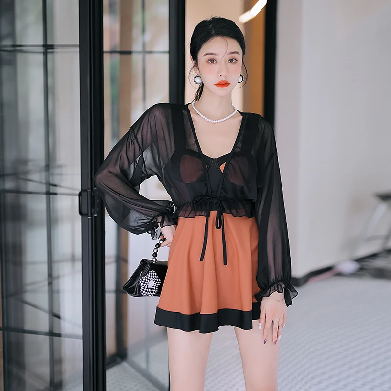 

One-Piece Swimsuit Women Lace Patchwork Swimwear 2 Pieces Monokini Skirt Swim Suit Belt Trikini Bathing Suit Wrap Korea Style