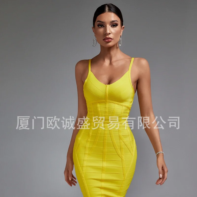 

Women's Clothing Spot Solid Color Sling Sexy V-neck Slim Sheath Bandage Dress