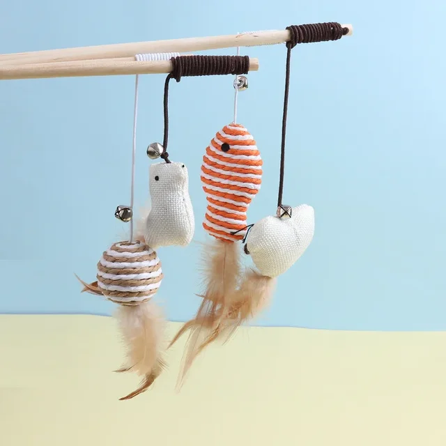 New Mouse Wooden Teasing Cat Rod Cat Toy Pet Supplies Feather Bell Wooden Rod Teasing Cat Stick 5