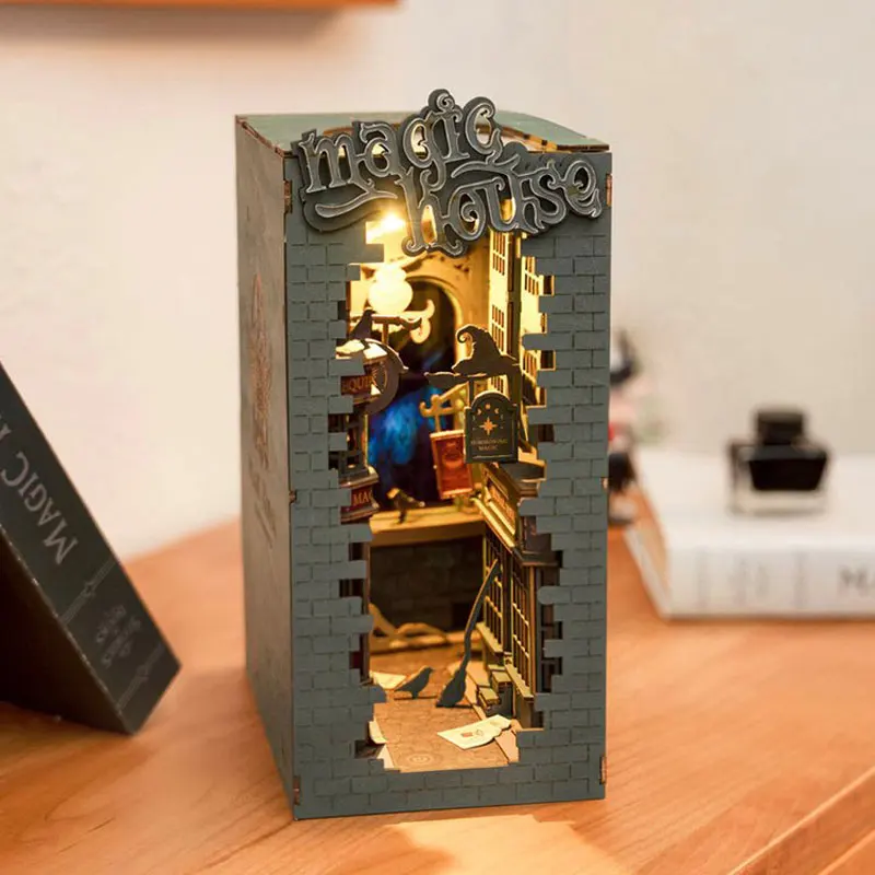 Robotime Rolife Book Nook DIY Dollhouse Furniture 4 Kinds Booknook Bookends Model Kit with LED Light for Bookshelf Insert Decor 4