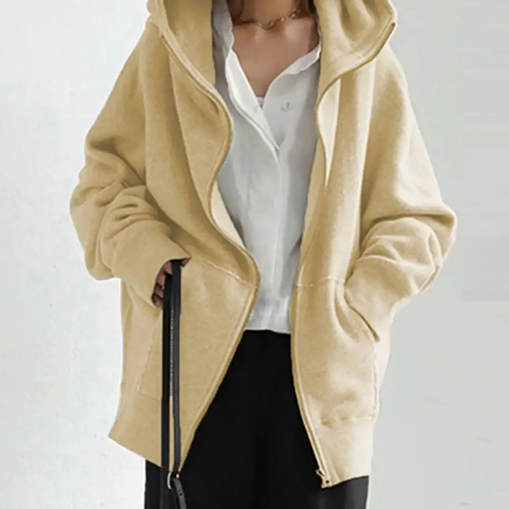

Long Sleeves Pockets Zipper Cardigan Coat Closure Oversized Mid-length Sweatshirt Jacket Autumn Solid Color Women Hoodie Coat