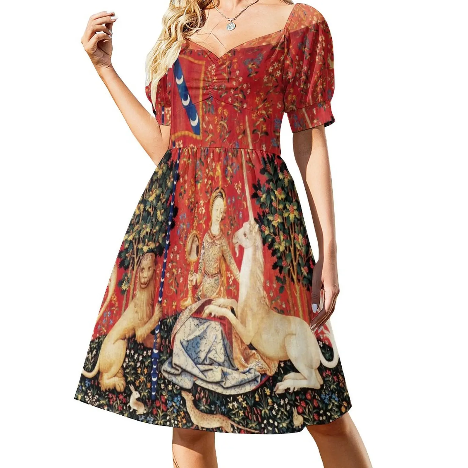 

LADY AND UNICORN ,SIGHTRed Green Fantasy Flowers,Animals Dress luxury dress dresses for women