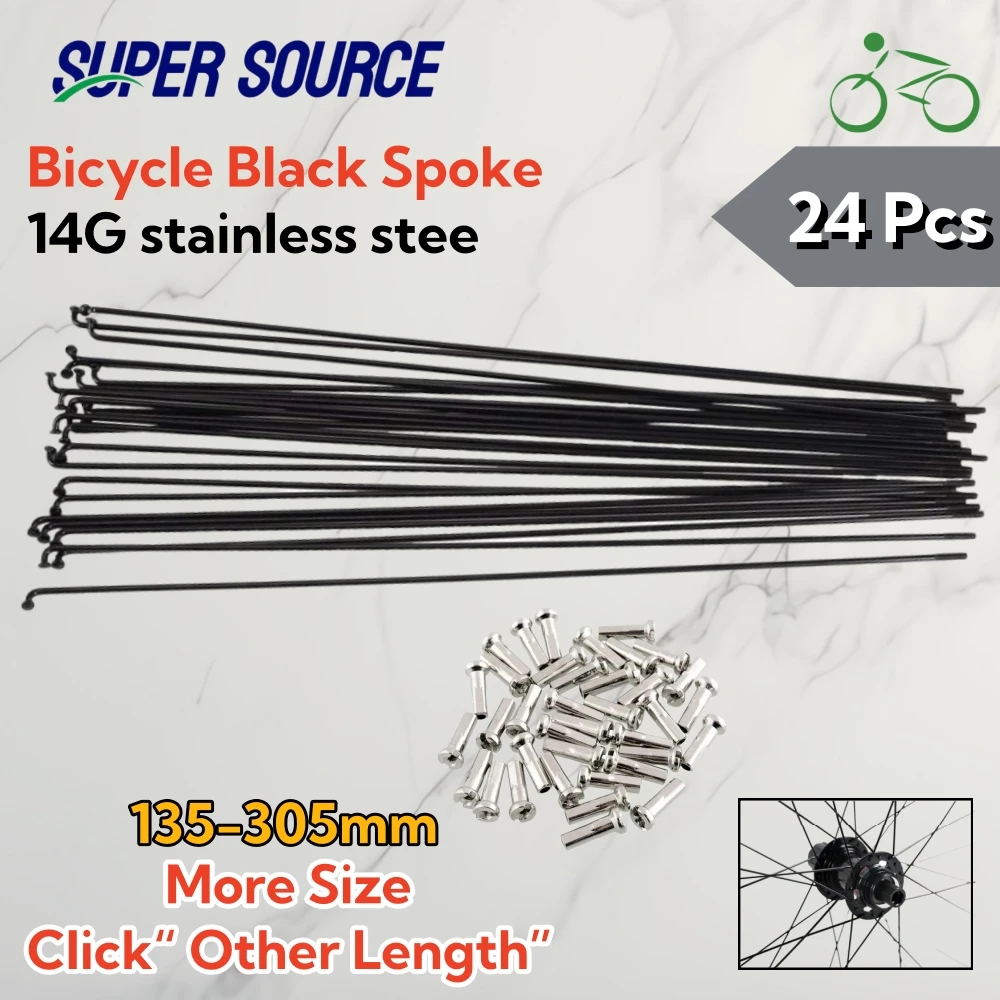 Hot Sale 24Pcs Black Bicycle Spokes 14G 2mm Diameter J-Bent Length 150-305mm #45 Steel Spokes+Nipples Knitting Needle