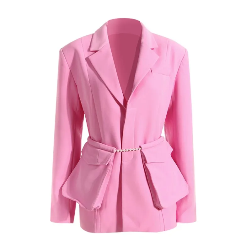 

Women's Blazer Pearl Chain Large Pocket Decoration Lapel Slim Hidden Breasted Suit Jackets Casual Office Lady Summer 2023 New
