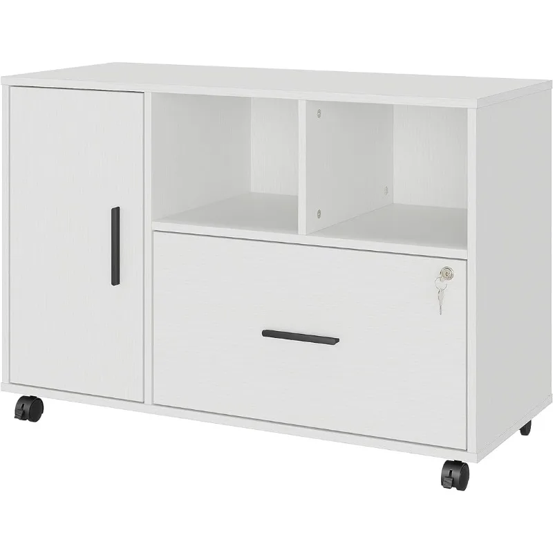 

Wood File Cabinet with Lock, 1-Drawer Wooden Office Lateral Filing Cabinet on Wheels Mobile Printer Stand with Open Storage Shel