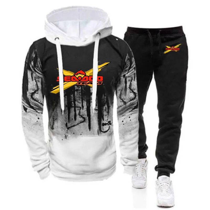 2023 Spring Autumn Sea Doo Seadoo Moto Logo Print Long Sleeve Gradient Color Hoodies Casual Coat+Sport Trousers High Quality Set