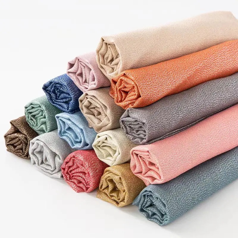 Lastest Brand Design Scarf Shiny Solid Color Shawls Rayon Fabric Gold Silk Silver Wire Head Shawl Fringe Hijab For Women 3