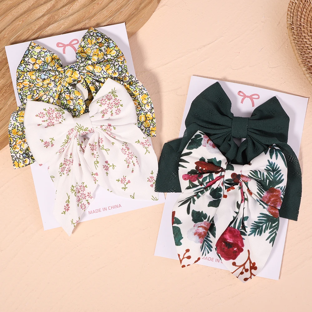 2Pcs Spring Summer Big Bow Hair Clip Set For Women Girls Elegant Sweet Print Floral Hairpin Children Headwear Hair Accessories