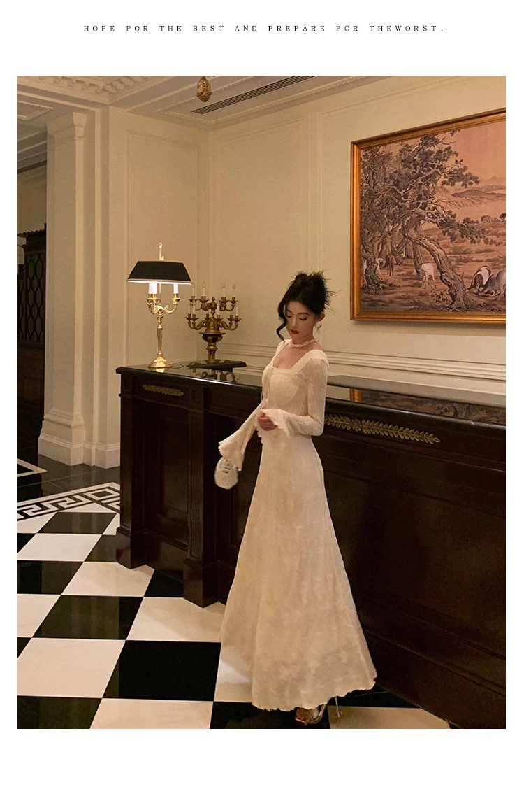 Women's Solid Midi Dress Flare Sleeves Square Collar A-Line Lace Up Autumn Spring French Elegant Vintage Prom Robe Vestidos New