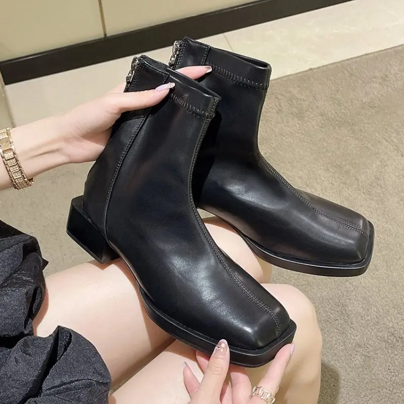 New Fashion Ankle Boots for Women High Heels Chunky Platform Square Toe White Sole Zipper Young Lady Booties 2023 Casual Simple
