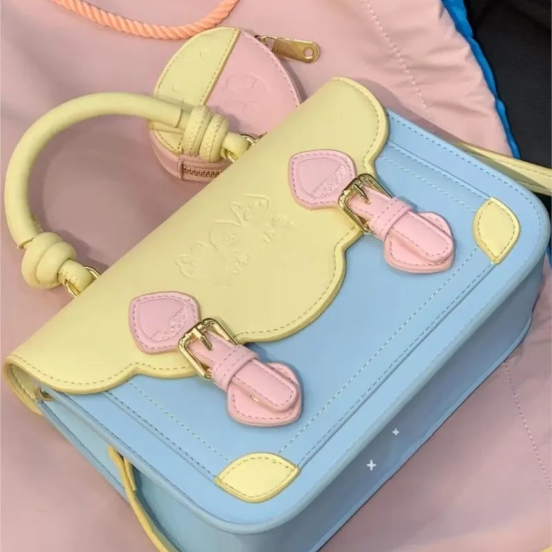 Sweet Cute Color Block Handbag Women JK Academy Style Square Leather Shoulder Bag Ladies Fashion Minimalist Kawaii Messenger Bag