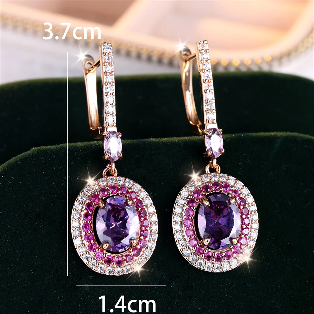 Purple Crystal Egg Shaped Stone Earring Rose Red Zircon Oval Hoop Earrings For Women Champagne Gold Color Wedding Bridal Jewelry