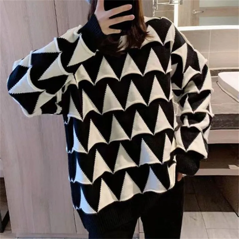 

Women's autumn and winter patchwork crewneck pullover knit inverted triangle color-blocking foreign style sweater woman
