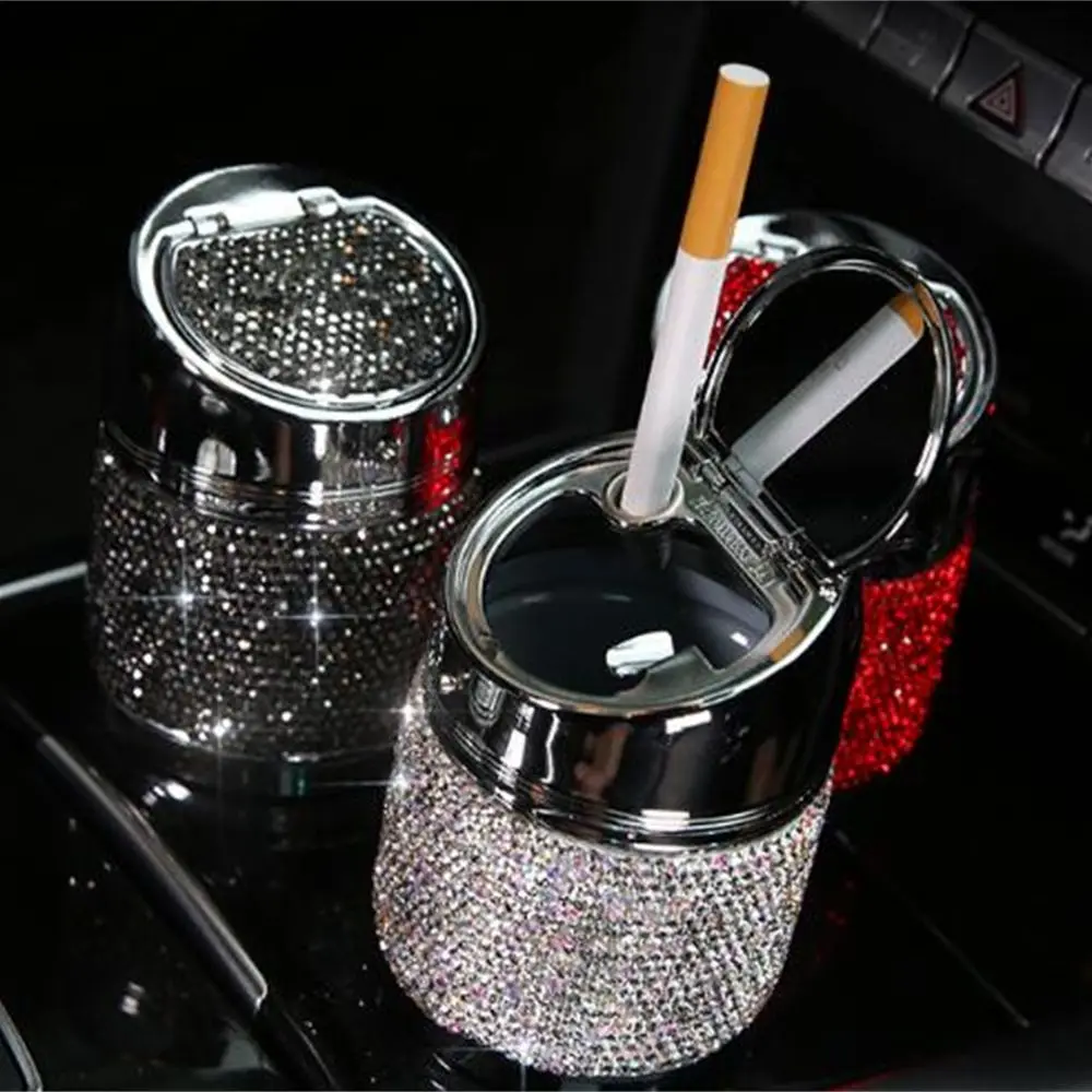 Scelet Luxury Diamond Car Ashtray Pink White Gold Color Crystal Shiny Auto Ashtray with Cover for Car Great Gift for Women Girls 