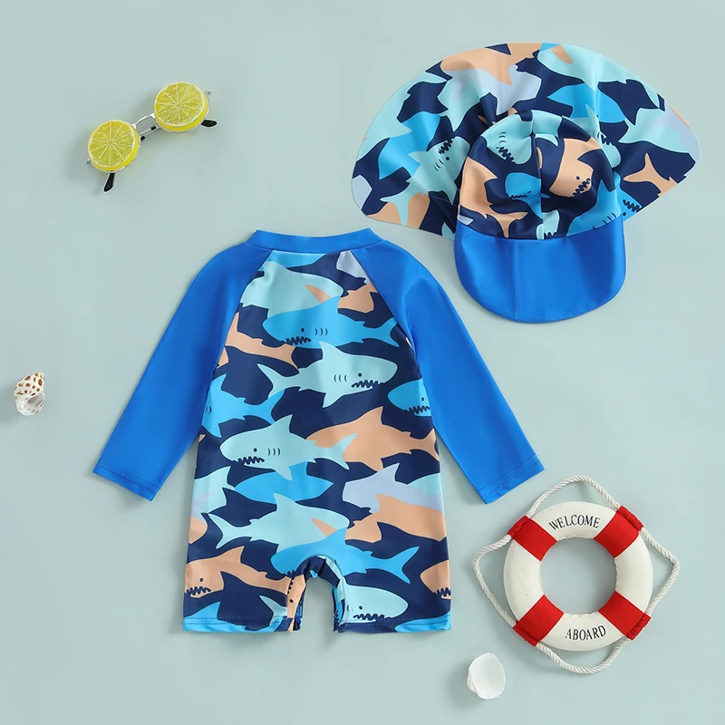 Lioraitiin Toddler Girls Boys Rash Guard Swimsuit Playsuits Long Sleeve Daisy/Shark Print Kids Bathing Suit with Swim Cap