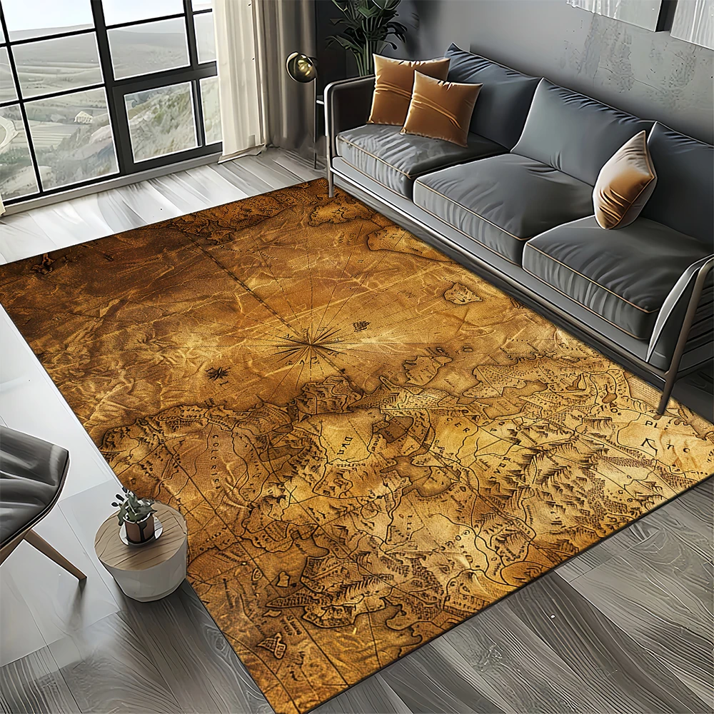 Nautical Map Rug – Retro Marine Compass Carpet | Non Slip Floor Mat for Living Room