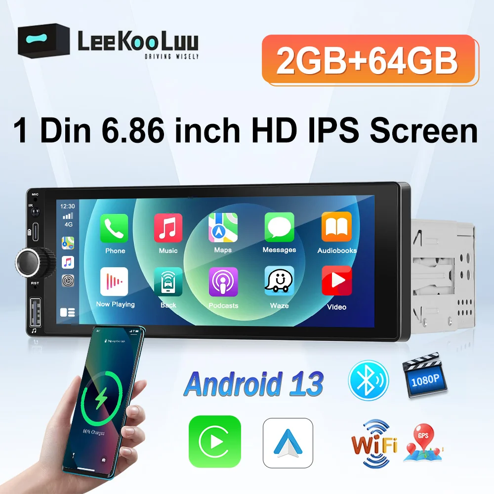 Leekooluu 1 Din 6.86 "Android 13.0 Autoradio Lettore Multimediale Stereo 2G + 64G Navigazione Gps Bluetooth Wifi Carplay Android Auto