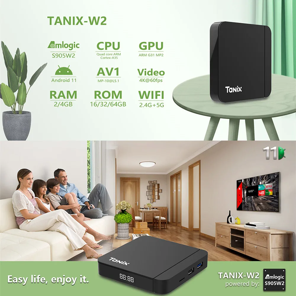 Tanix W2 chytrá TV skříňka Android 11 amlogic S905W2 2GB 16GB AV1 HDR10+ HD média hráč Bluetooth dvojí WIFI youtube 4K sada káča skříňka