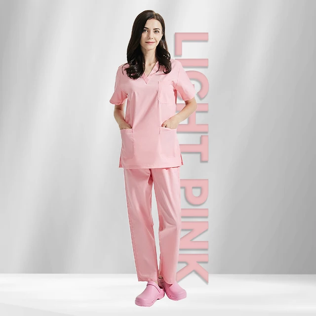 High Quality V-neck Scrub Tops Beauty Salon Nursing Elastic Waist Pants Unisex Breathable Surgery Uniform Medical Accessories Light Pink