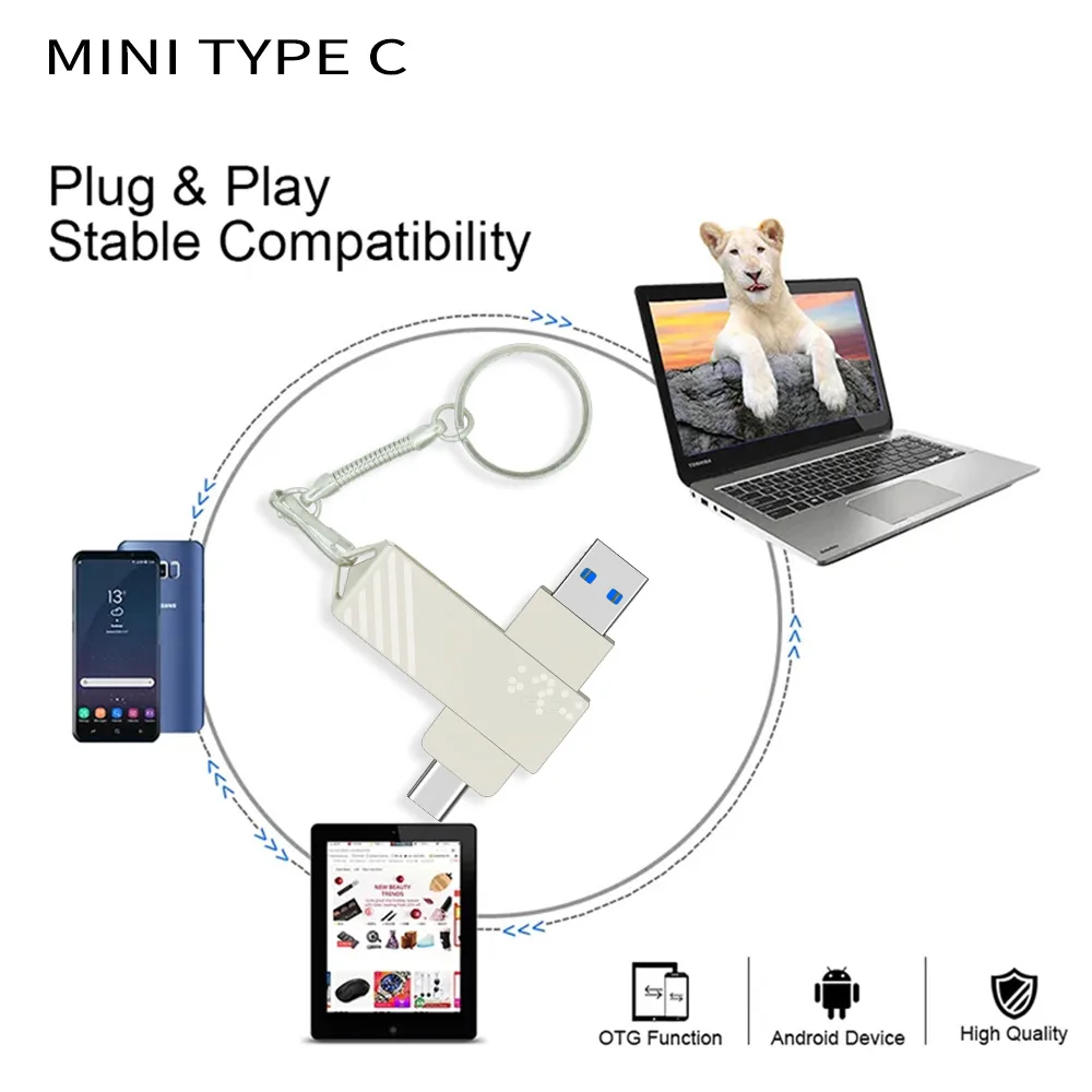 C타입 USB 플래시 드라이브, 고속 USB 2.0, 컴퓨터 휴대폰 금속 미니 펜 드라이브, 16GB, 32GB, 64GB, 128GB, 10 개/로트