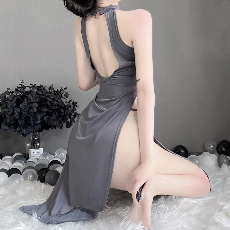 OJBK Women's Lingerie High Fork Cheongsam Pajamas Erotic High Slit Long Dress Backless Temptation Apparel Mini Qi Pao Sleepwear