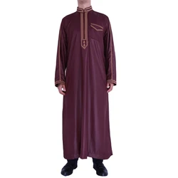 New Men's Robe Jubba Thobe Middle East Muslim Clothing Saudi Arab Loose Long Sleeve Printed Stand Collar Long Robe