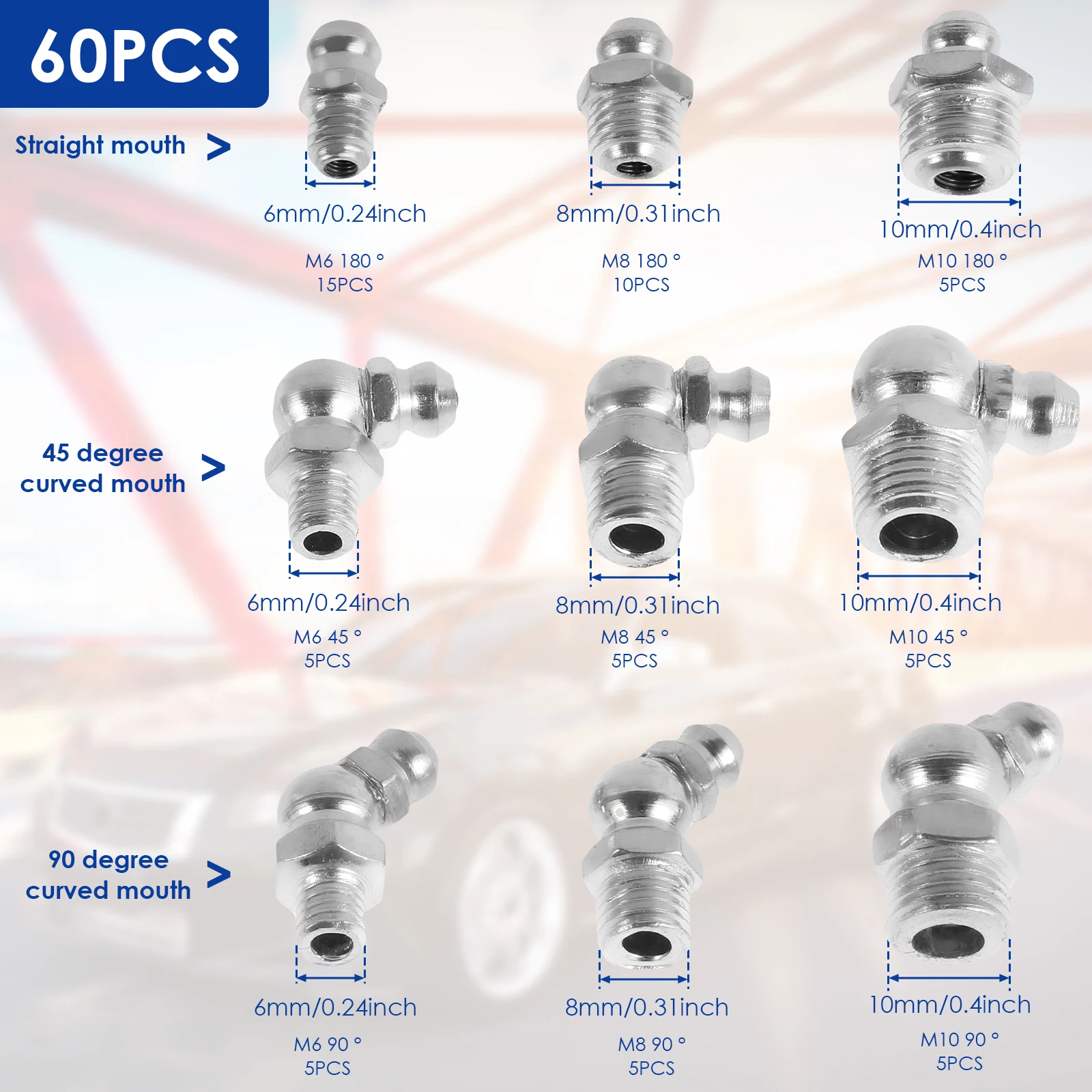 Grease fitting assortment 60/120 pcs metric straight 45&deg;/90&deg; angle galvanized metal nipple storage box