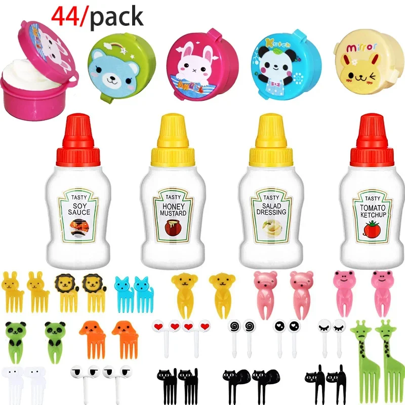44pcs 미니 소스 병 소스 상자 과일 포크 세트 짜기 병 도시락 상자 작은 소스 용기 주방 도구 학교 도시락 상자