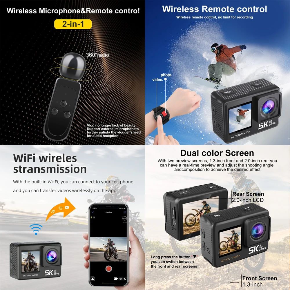5K 4K60FPS Action Camera 2" Touch LCD 5X Zoom WiFi EIS Dual Screen 50MP 170° DVR Webcam 30M Waterproof Moto Helmet Sport Camera 2