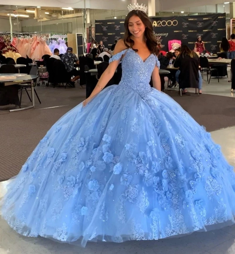 Angelsbridep Cheap Blue Tulle 3D Flowers Appliques Beads Ball Gown