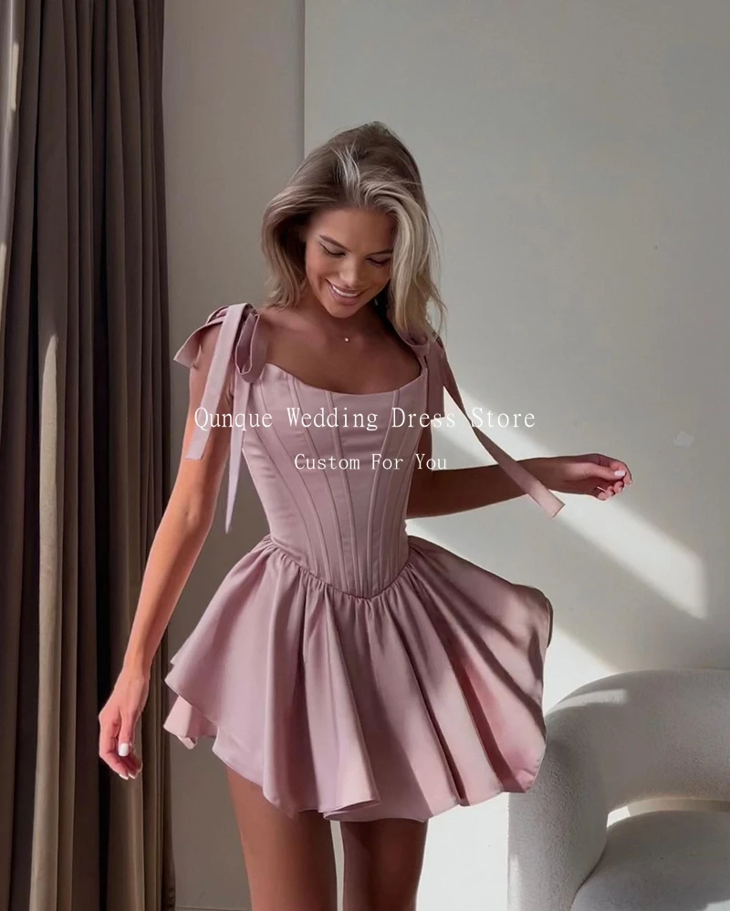 Prom Dresses Homecoming Dresses Women Bow Straps Short A Line Satin Lace Up Back Cocktail Customized