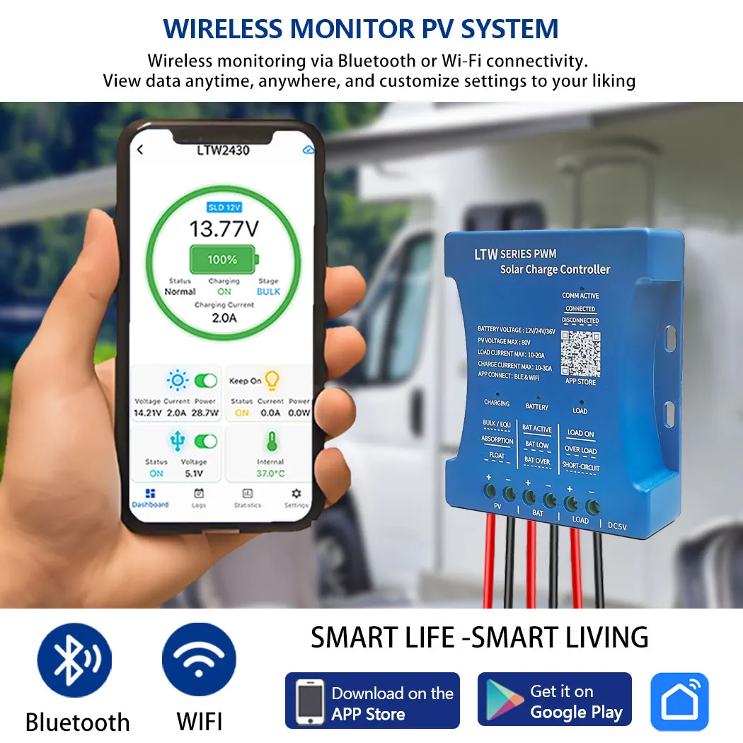 รูปสินค้า ตัวควบคุมชาร์จโซลาร์ PWM 20-30A รองรับ 12/24/36V มี Wi-Fi Bluetooth