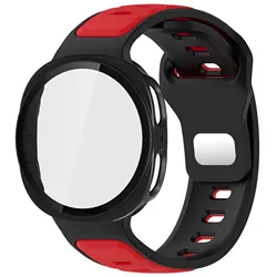 Premium Tempered Glass Protective Case with Silicone Strap for Watch 8 Classic 46mm (Red Black)