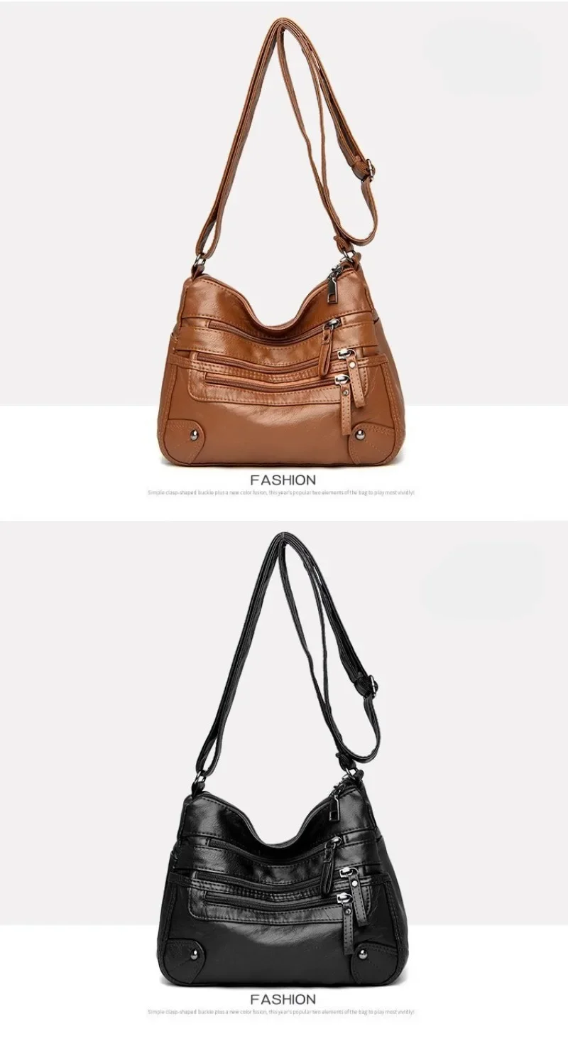 Soft Leather Shoulder Bag - Women's Crossbody Double Layered Large Capacity Tote