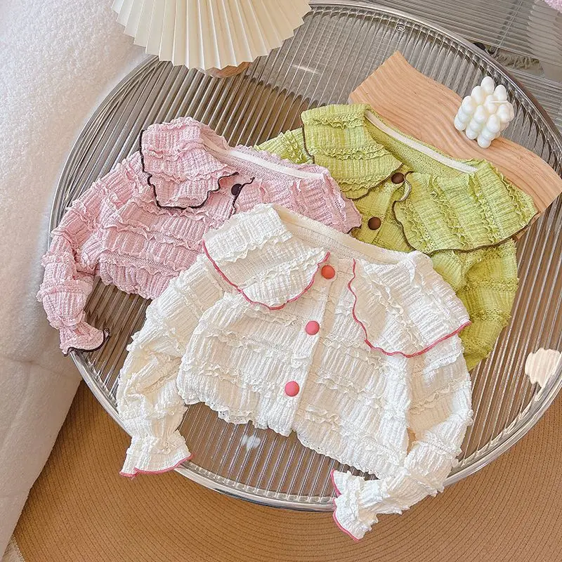 어린이 소녀 레이스 시폰 블라우스, 귀여운 피터팬 칼라, 용수철 가을 셔츠, 베이지 핑크 그린 탑, 2024 신상