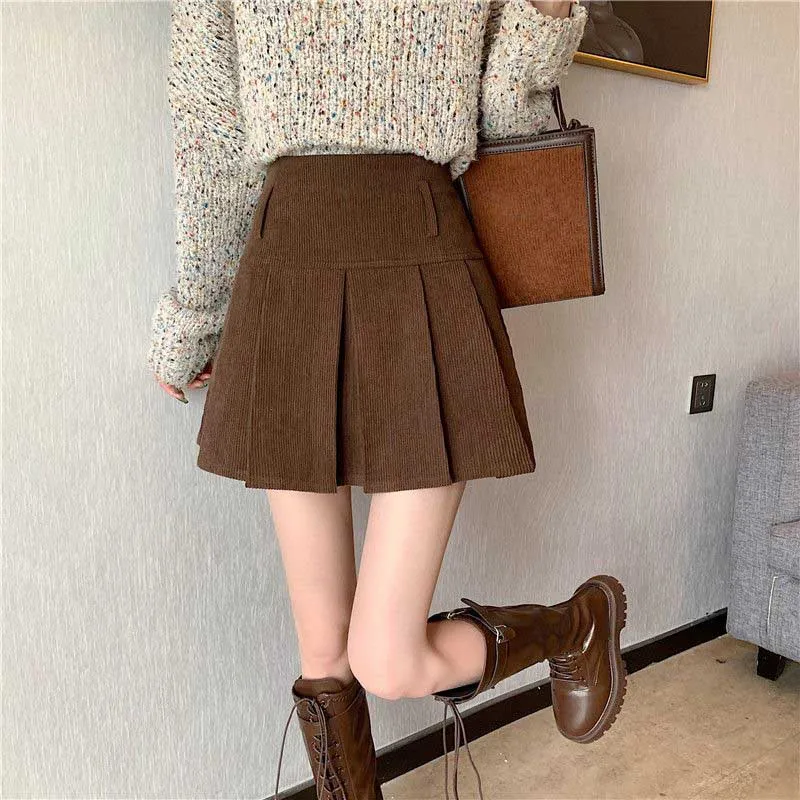 Fashion Solid Color Zipper Spliced Casual Corduroy Pleated Skirts Female Clothing 2023 Autumn Winter Loose All-match Mini Skirts