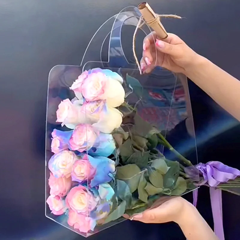 1Pcs Transparent Flower Bouquet Box With Handle Portable Flower Packing Bags Handbag Contatiner Wedding Rose Wrapping Gift Box